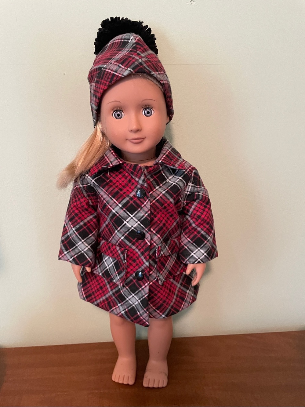 Red and Black Plaid Doll Pea Coat with Buttons